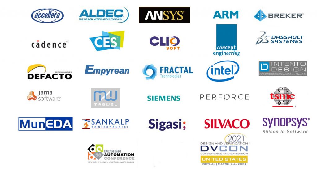 Accellera, Aldec, ANSYS, ARM, Breker, Cadence, CES, ClioSoft, Concept Engineering, Dassault Systemes, Defacto, Empyrean, Fractal, Intel, Intento Design, Jama, Magwell, Siemens, Perforace, TSMC, MunEDA, Sankalp Semi, Sigasi, Silvaco, Synopsys, DAC, DVCON